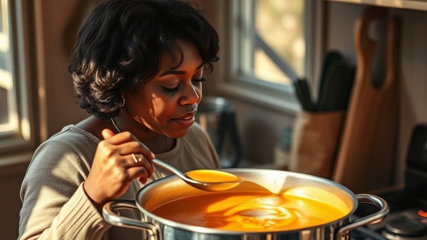 Black woman tasting nutritious soup, embodying mindful cooking and health advice.