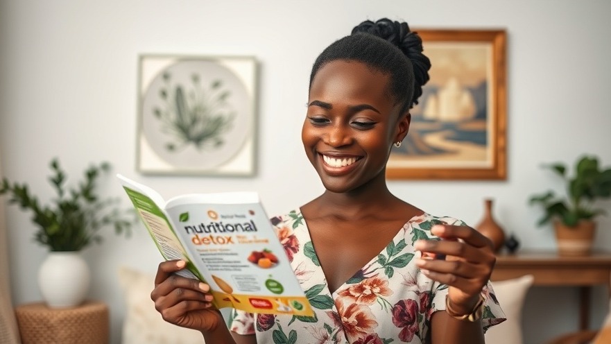 Cheerful black woman in a floral dress, reading a detox product for urban professionals in a cozy, well-lit setting.