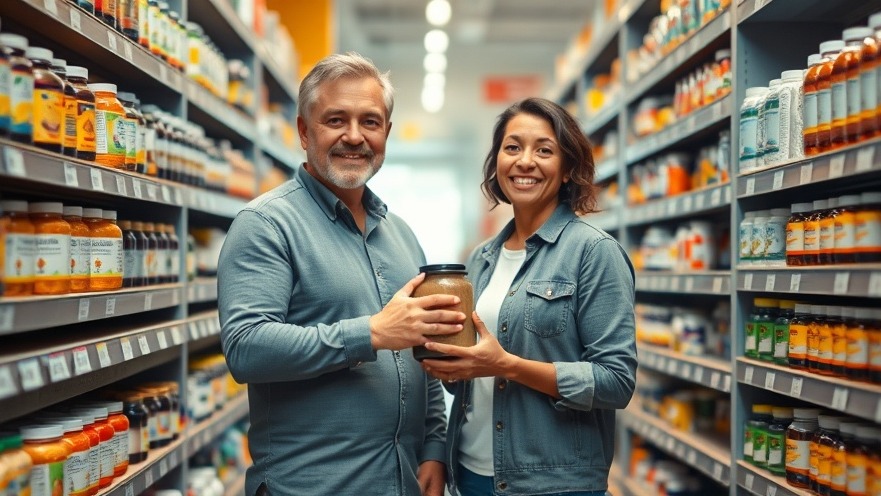 Middle aged mixed ethnic couple holding creatine in a busy supplement aisle for brain health.
