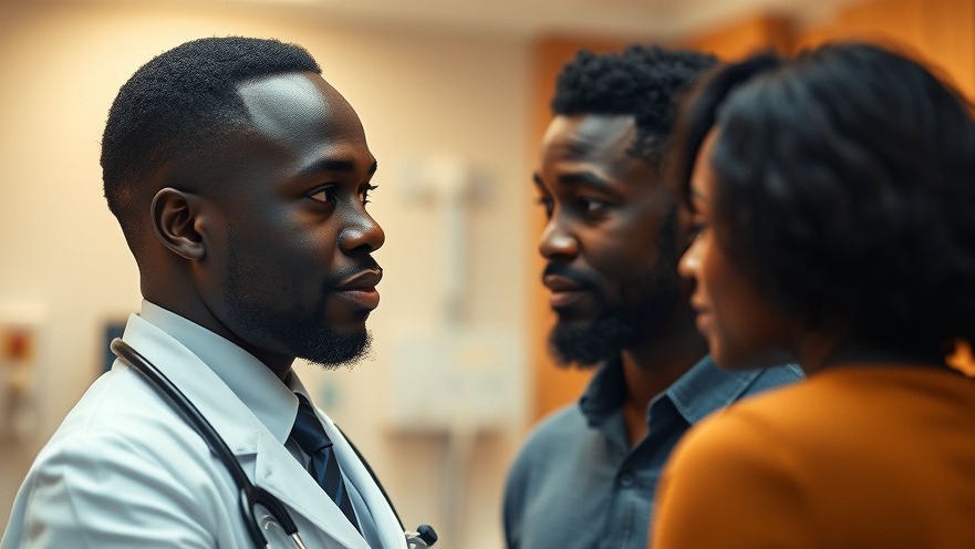 Black doctor discussing holistic health with a couple in a warm patient room.