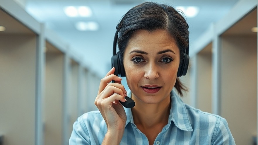 Hispanic woman providing mental health support via phone, showing concern in a bright office.