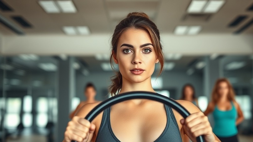 Determined young woman in fashionable fitness activewear using a Pilates ring.