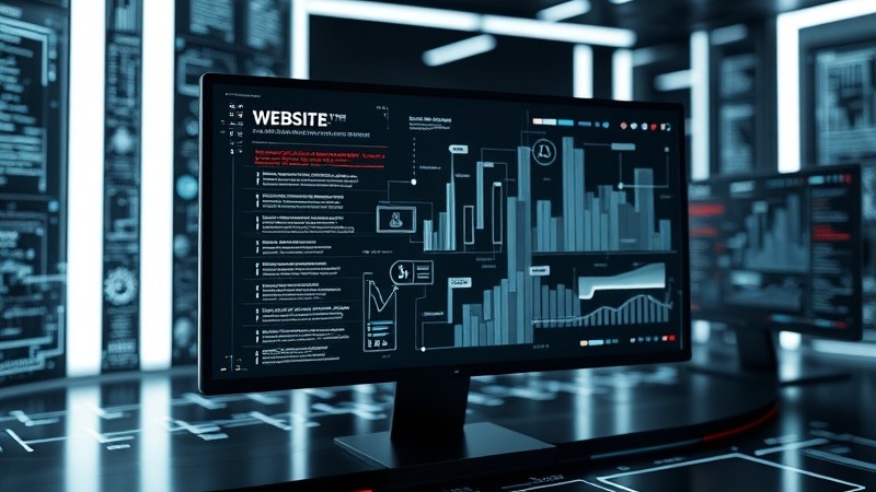 Futuristic website branding in a minimalistic tech environment with neon accents.