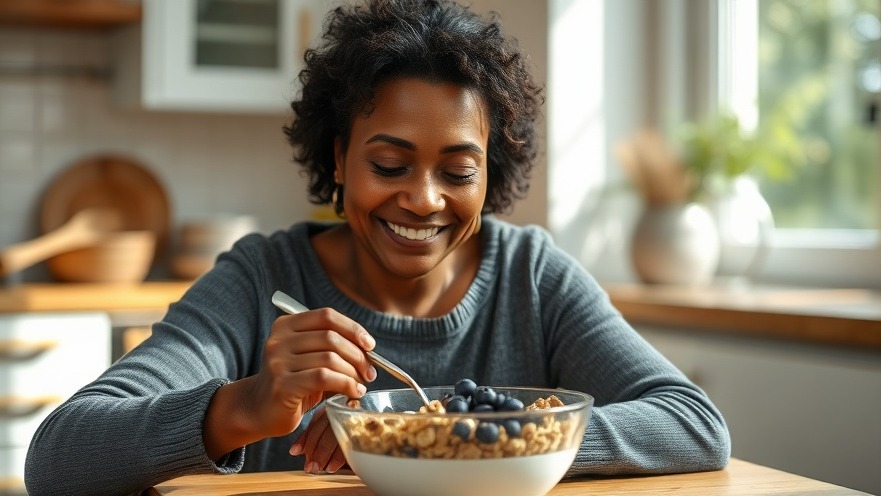 Middle-aged black woman enjoying cereal with blueberries, highlighting the gut-brain axis benefits.