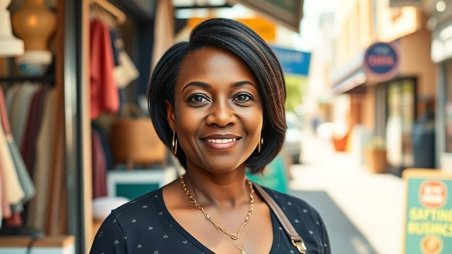 Middle aged black business owner with styled hair in front of her shop on a sunlit street.