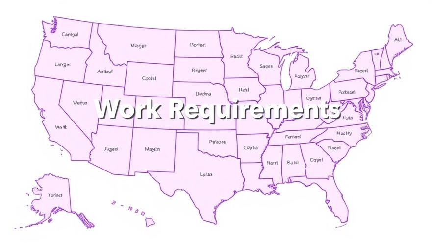 Map of US showing 'Work Requirements' highlighting Medicaid coverage changes.