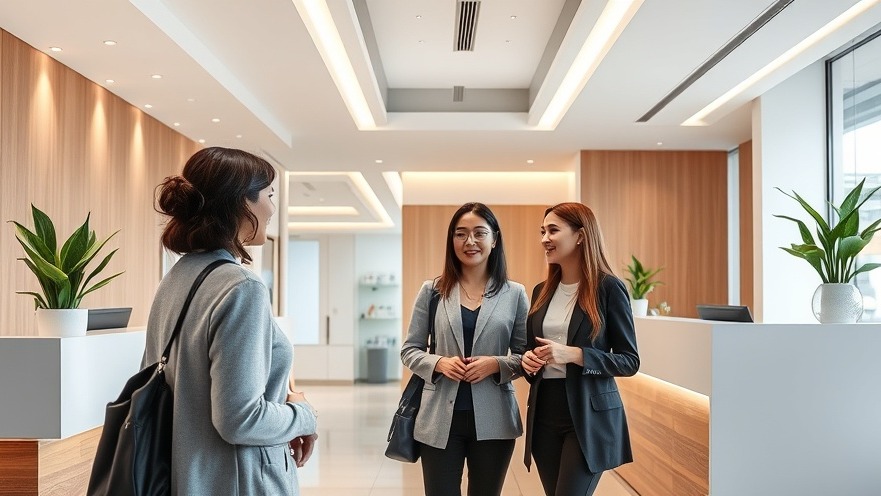 Sleek healthcare design trends showcase women engaging in a modern reception area.