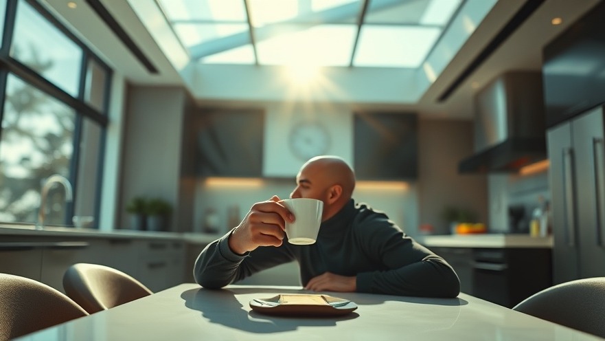 Bald man enjoying coffee in a luxury kitchen, promoting a health lifestyle.