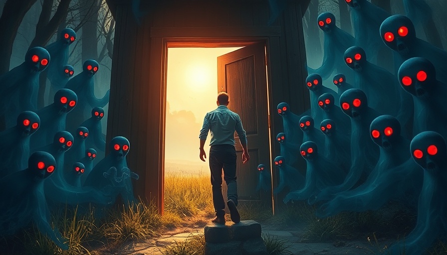 Illustration of a man stepping through a door from a dark forest to a bright field, symbolizing life change.