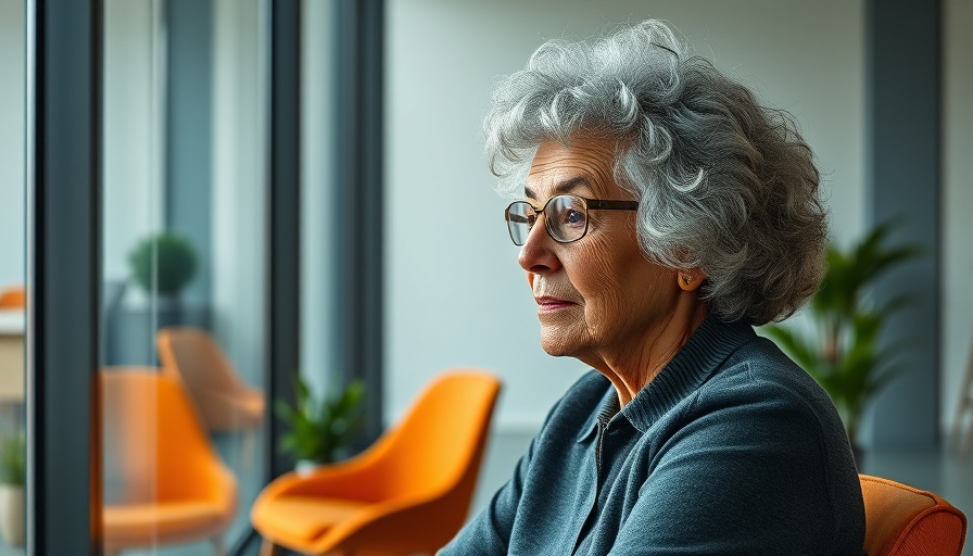 Reflective woman in office considering menopause mental health.