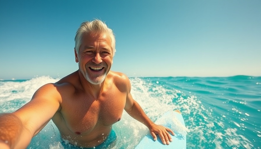 Fit older man surfing in the ocean, optimize testosterone