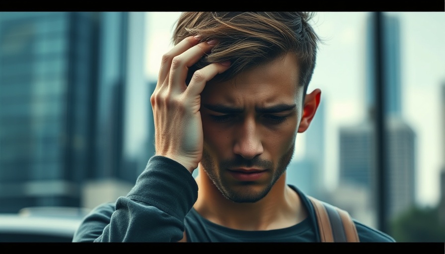 Young man showing distress, related to Latuda side effects, in a city environment.