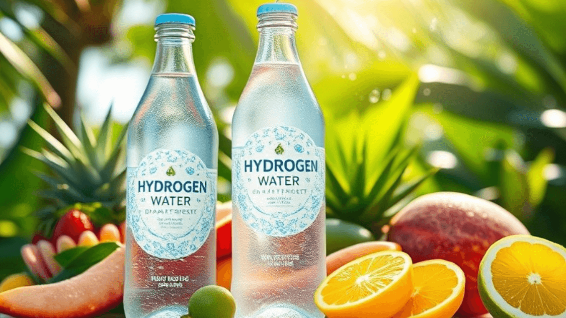 Hydrogen water with fruits in tropical setting.