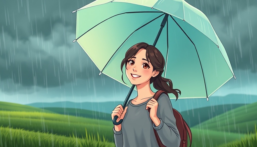 Cheerful woman in rain with glowing umbrella to cultivate gratitude.