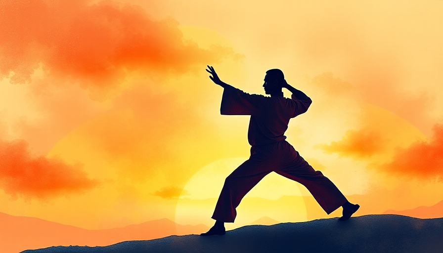Tai Chi silhouette in vibrant watercolor sunset.
