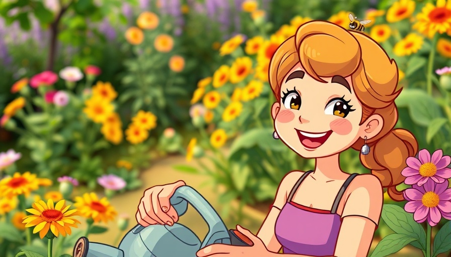 Cheerful cartoon woman in garden, not depicting unhappiness