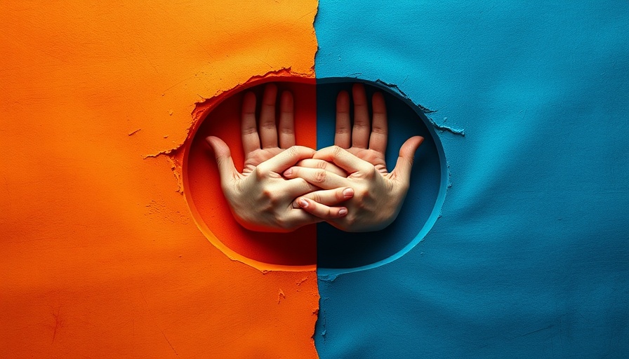 Hands reconnecting against orange and blue background.