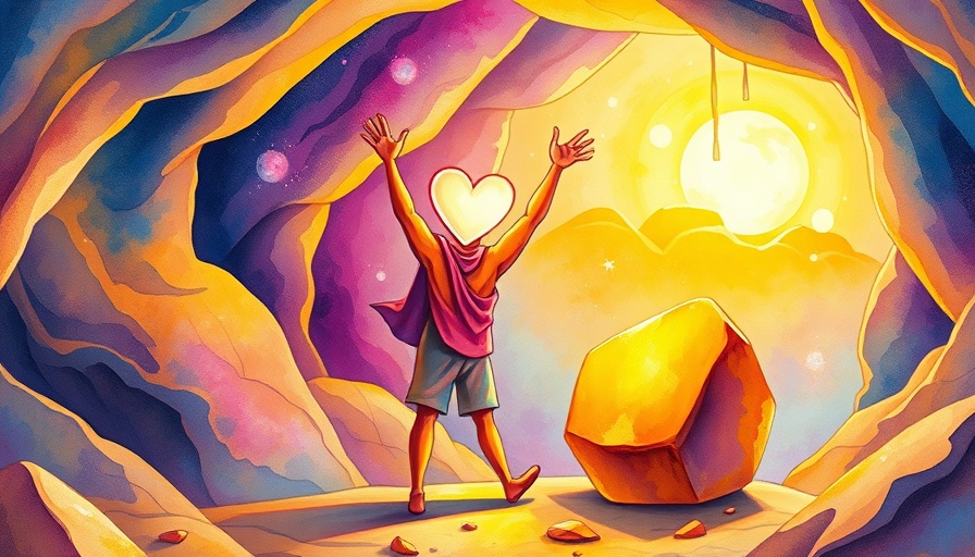 Inner gold glowing figure and nugget in watercolor cave.