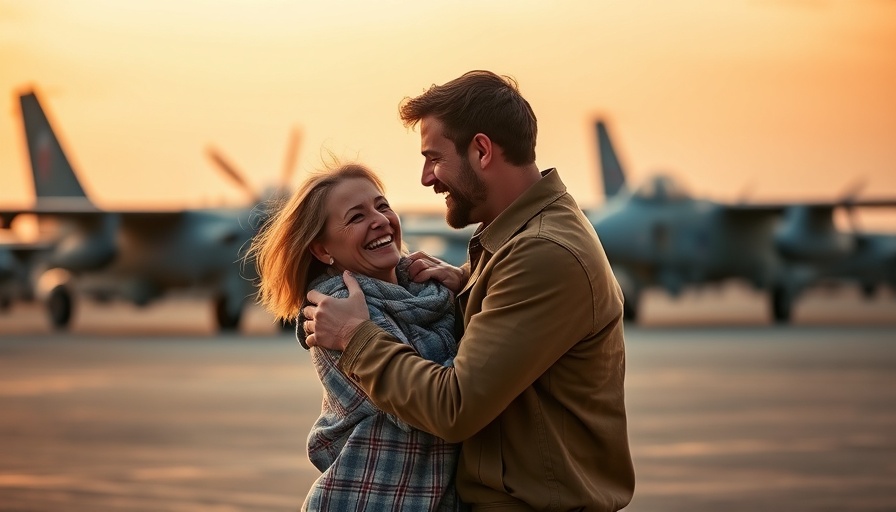 Happy couple embracing on an airfield at sunset.