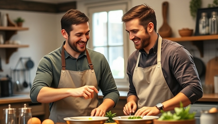 Two men smiling in a cozy kitchen during cooking class.