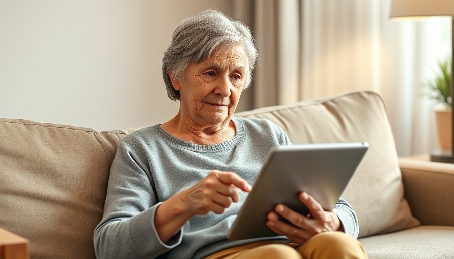 Elderly woman reflecting while holding a tablet, coping as a grieving widow.