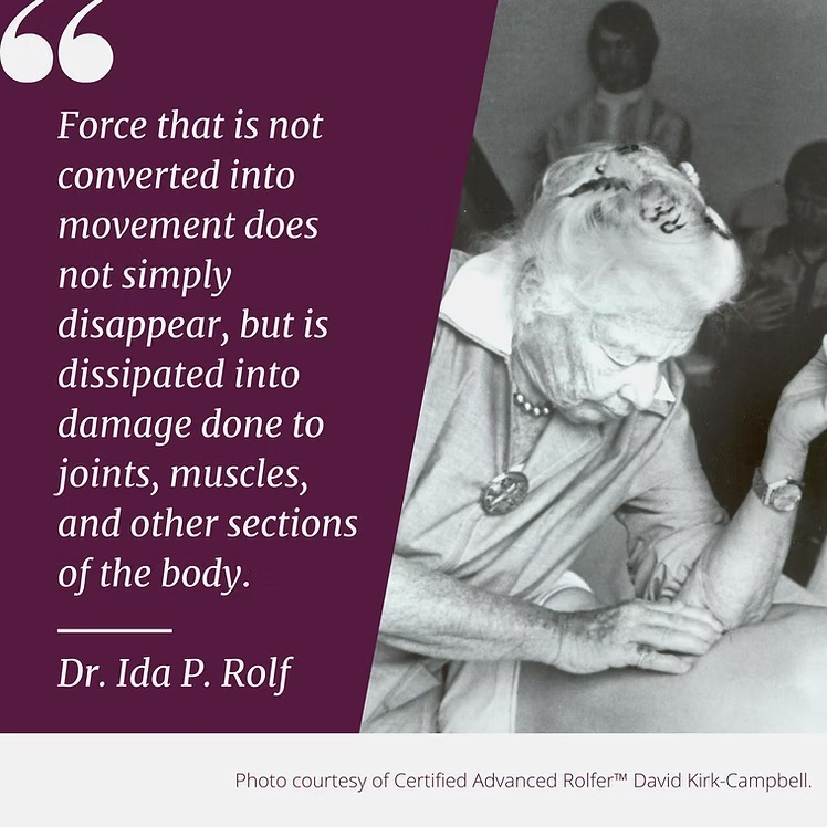 Dr. Ida P. Rolf developed Rolfing and is shown demonstrating her technique