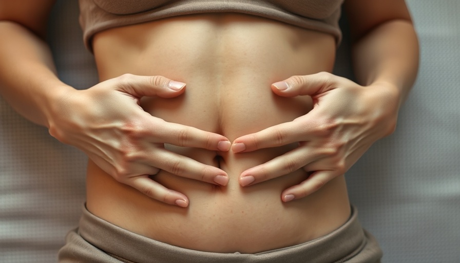 Close-up of hand performing acupressure on abdomen for constipation relief.
