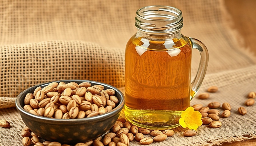 Golden castor oil in jar with castor beans, rustic setting.