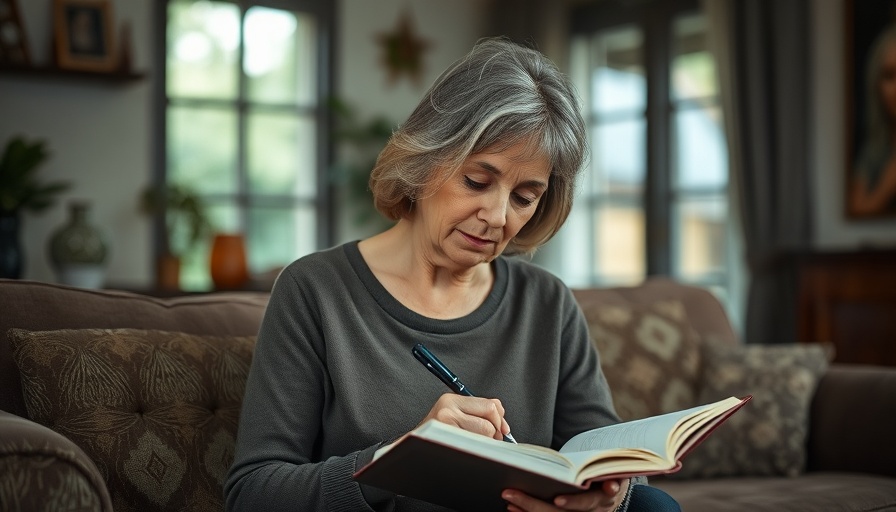 Middle-aged woman writing in a notebook at home, reflecting.