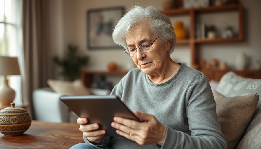Elderly woman coping with grief on sofa, holding tablet.