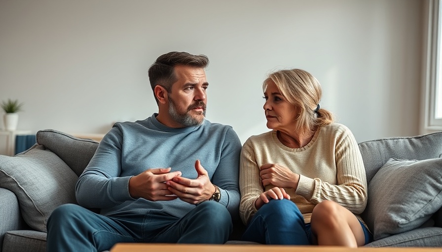 Couple seeking expert relationship advice in living room setting.