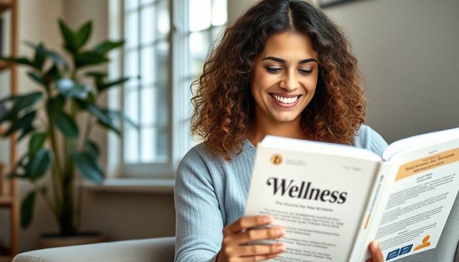 Smiling woman reading a wellness book in a cozy room, focus on relaxation.