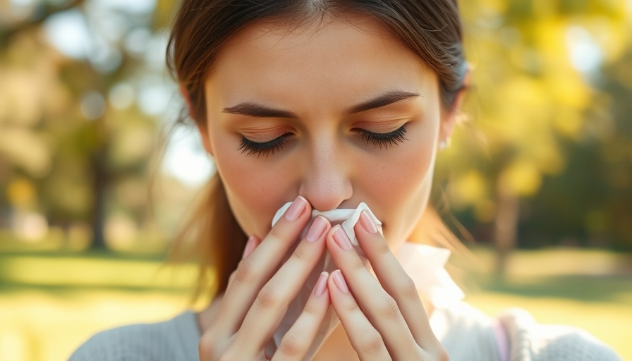Young woman sneezing into tissue outdoors, preventing hay fever.