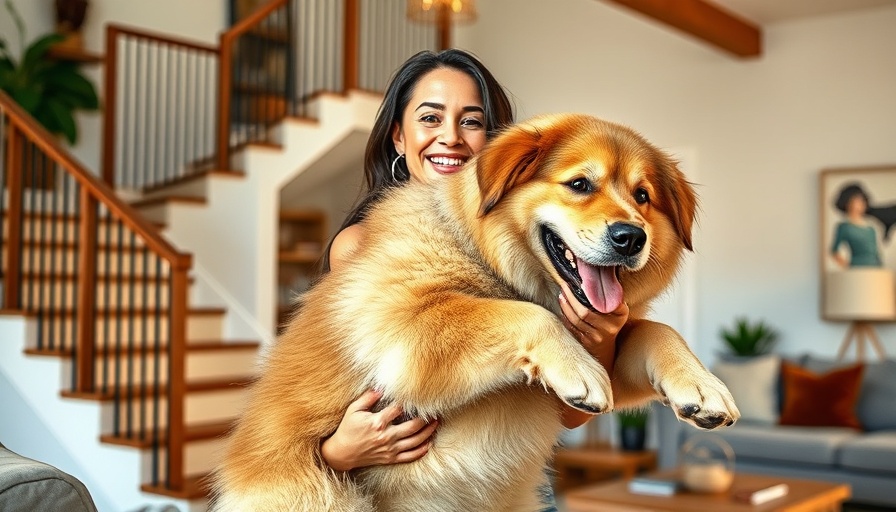 Confident woman lifting dog in living room, Body Image Mental Health.