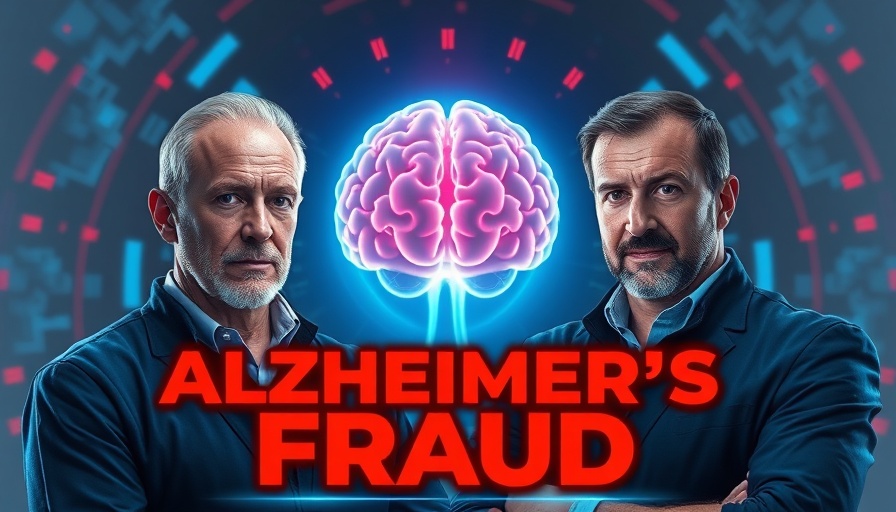 Serious discussion on Alzheimer's fraud with futuristic background, trust in science.