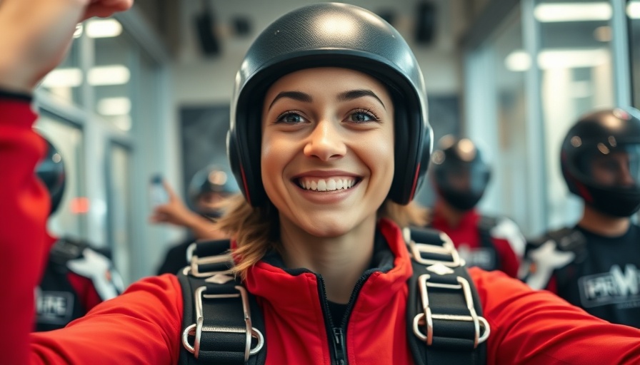 Indoor skydiving fitness enthusiast in red suit at facility.