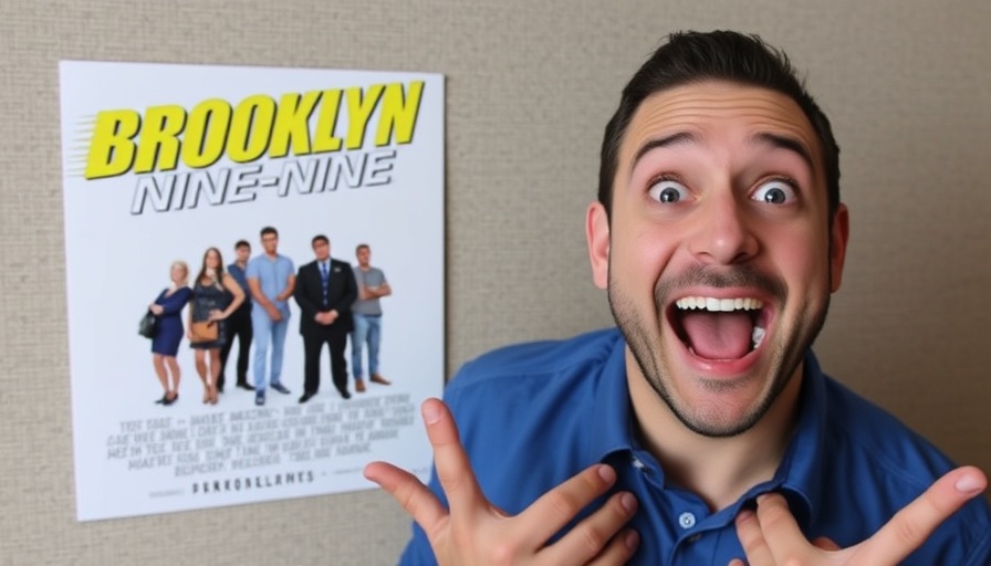 Cheerful man with Brooklyn Nine-Nine poster, vibrant expressions.