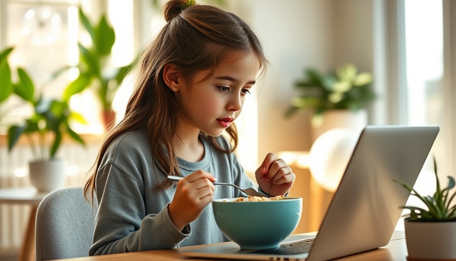 Young girl homeschooling at home with laptop and cereal