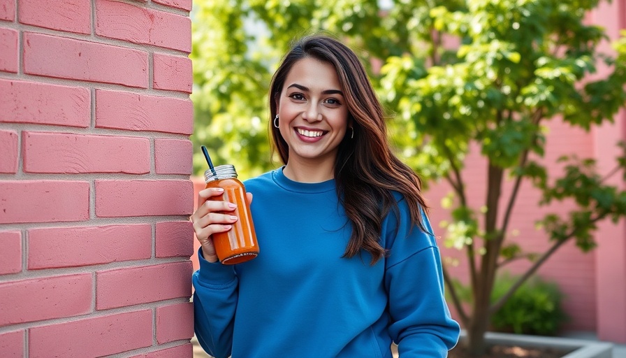 Casual woman enjoying a spring smoothie date, smiling outdoors.