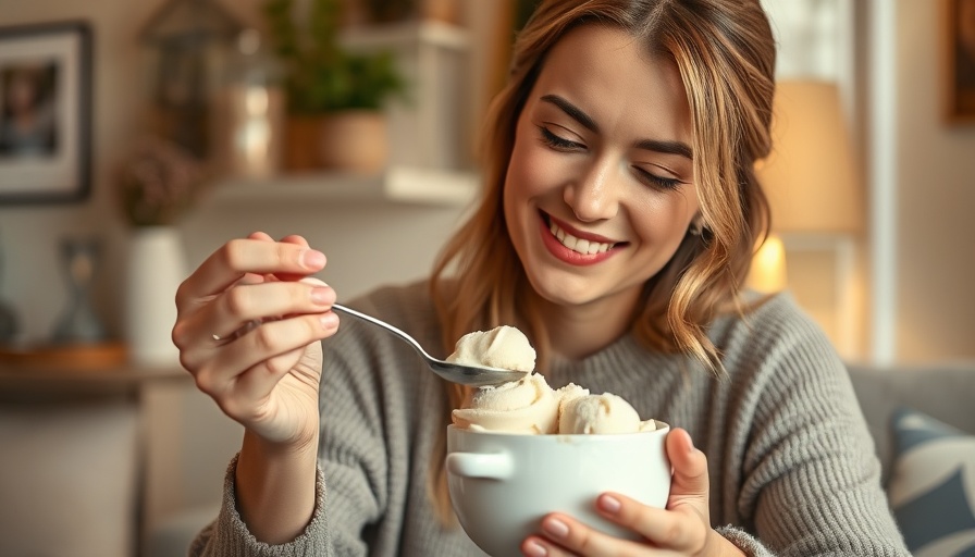 Woman enjoying homemade protein ice cream indoors.