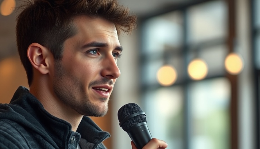 Young man discussing food as medicine, cinematic setting.