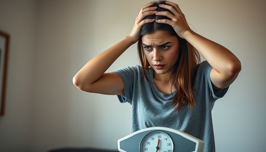 Concerned woman on scale highlighting obesity and poor diet in severe mental illness.