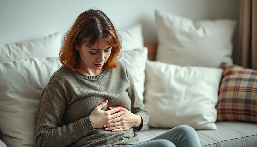 Woman experiencing stomach pain indoors, related to Crohn's Disease.