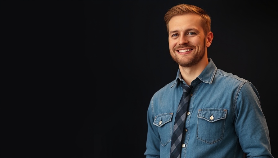 Man in denim shirt and tie, standing confidently.