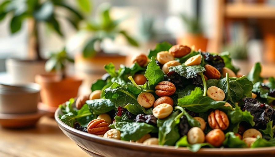 Leafy salad and apple helping adrenal fatigue, on a table.