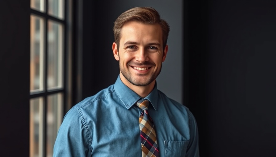 Portrait of man indoors with soft lighting wearing a blue shirt and tie.