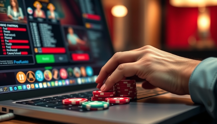 Hand stacking poker chips on laptop, online gambling focus. Gambling Law Reform.