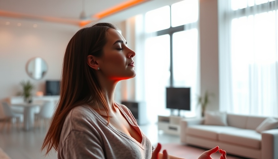 Young woman meditating with red light therapy in modern room.