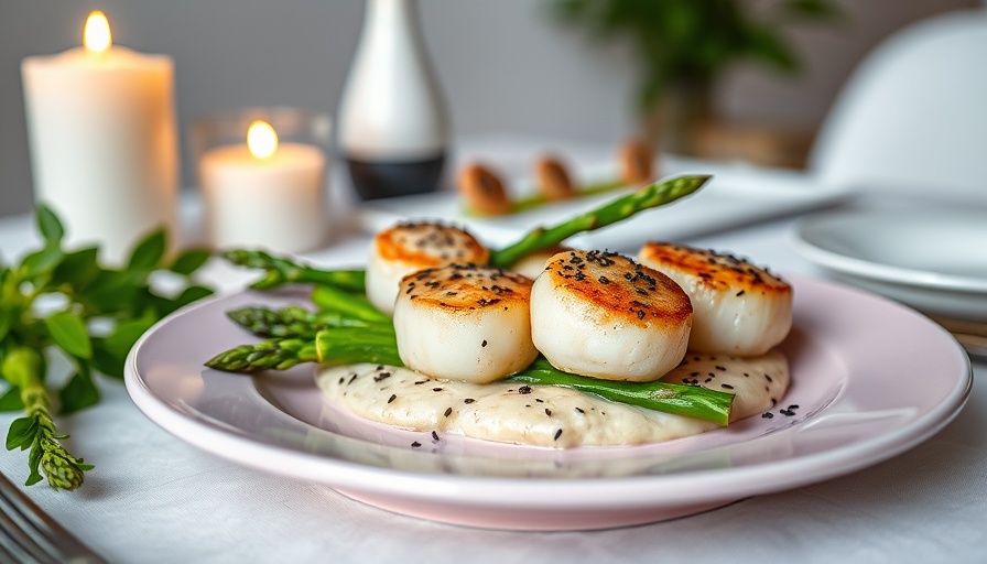 Seared Scallops and Asparagus Recipe elegantly plated with wine and candles.