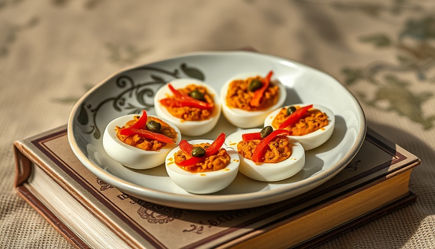 Romesco devilled eggs on ceramic plate, elegant presentation.